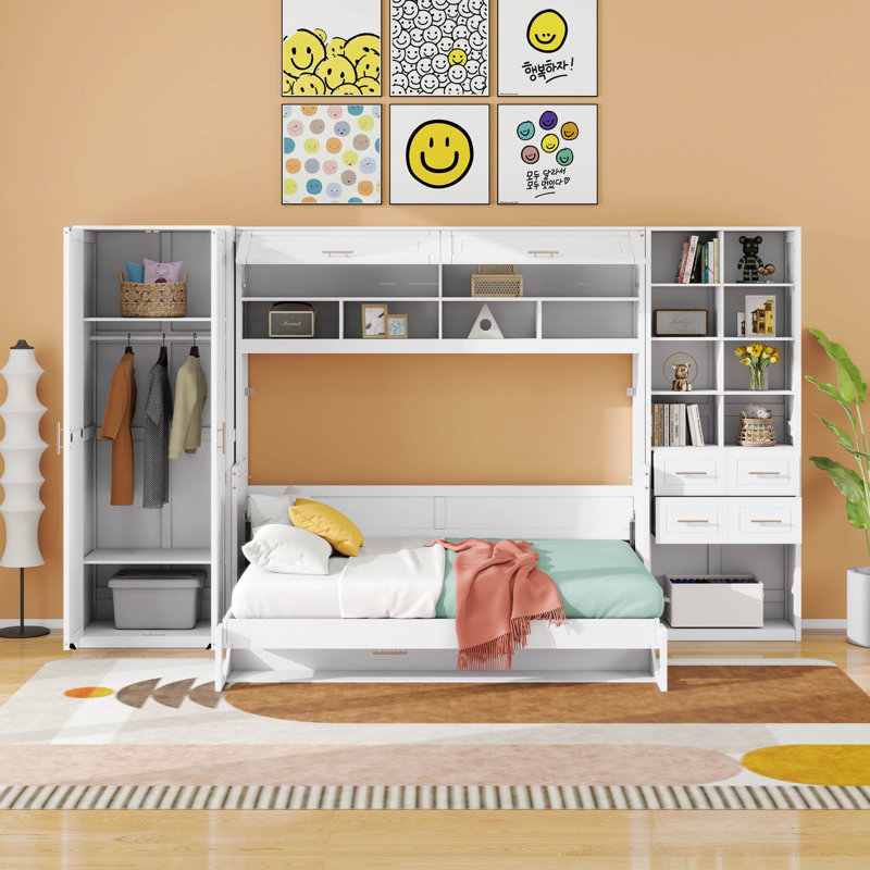 Lit double escamotable avec garde-robe de rangement, tiroir, tablettes ouvertes, armoire murale pliante en bois pour adulte