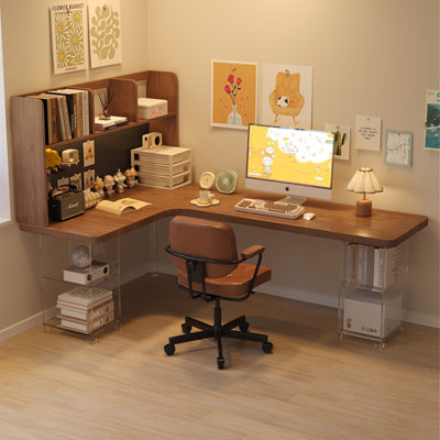 Bureau d'écriture en L en bois massif brun noisette