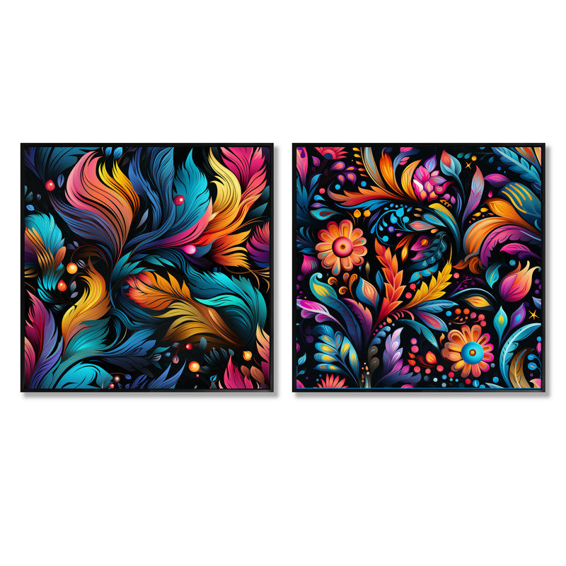 Geneva - Ensemble de 2 collages floraux et botaniques carrés, Cadre flottant noir, H 16 po x l 33 po