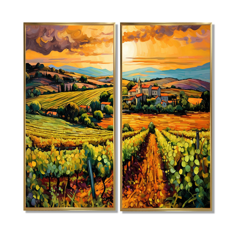 «Vangogh Sunlit Vineyard I», art mural jaune, 20" H x 24" W, Floater Framed Print without Mat, Gold