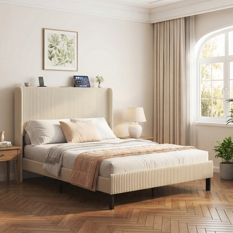 Queen Size Metal Bed Frame  With LED Light & Charging Station & 2-Tier Headboard, No Box Spring Needed, Queen