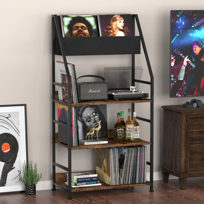 Support pour tourne-disque avec étagère à livres et plateau de rangement pour disques vinyles à 3 niveaux pouvant accueillir jusqu'à 400 albums, grande console avec porte-disques en vinyle