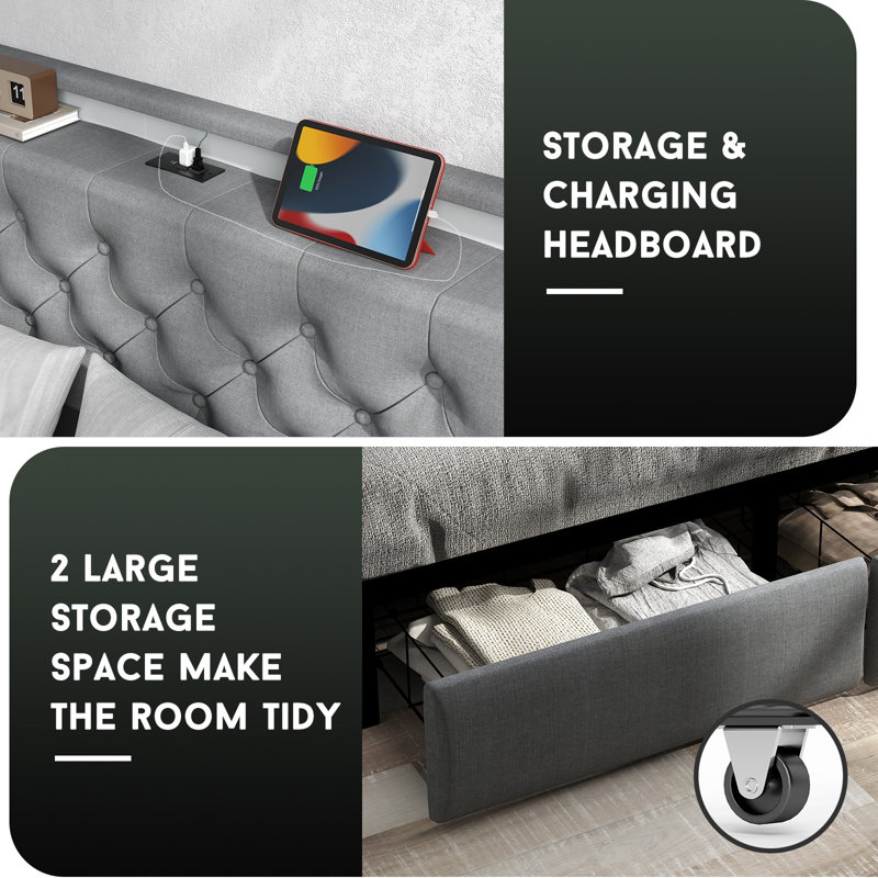 Gray Queen Upholstered Bed Frame with LED Lights and Storage