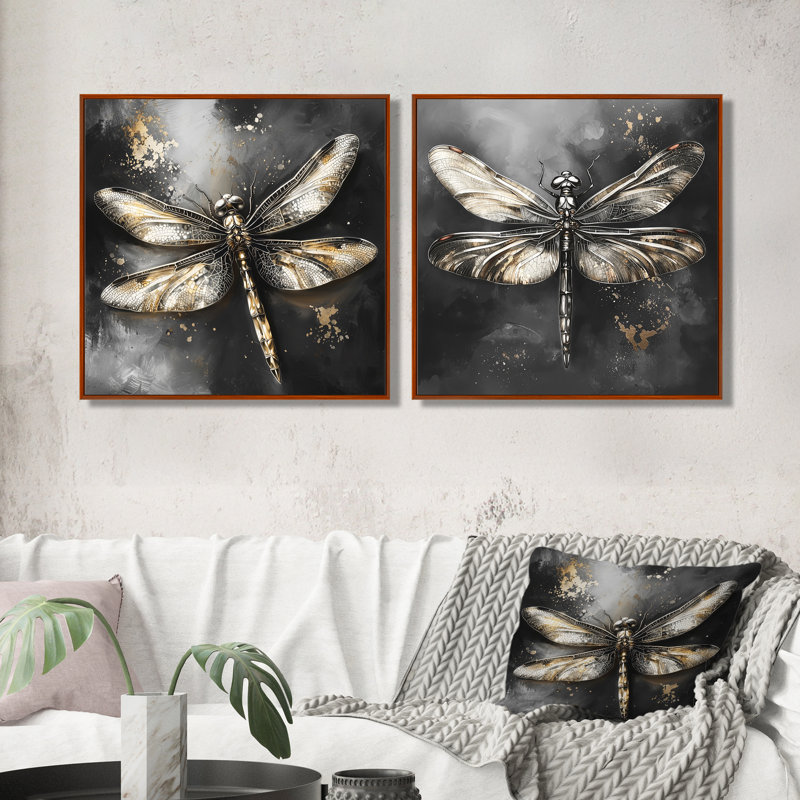 «Black and Gold Dragonfly Midnight Mirage I», art mural libellule, art mural moderne pour le salon, 2 pièces, Brun