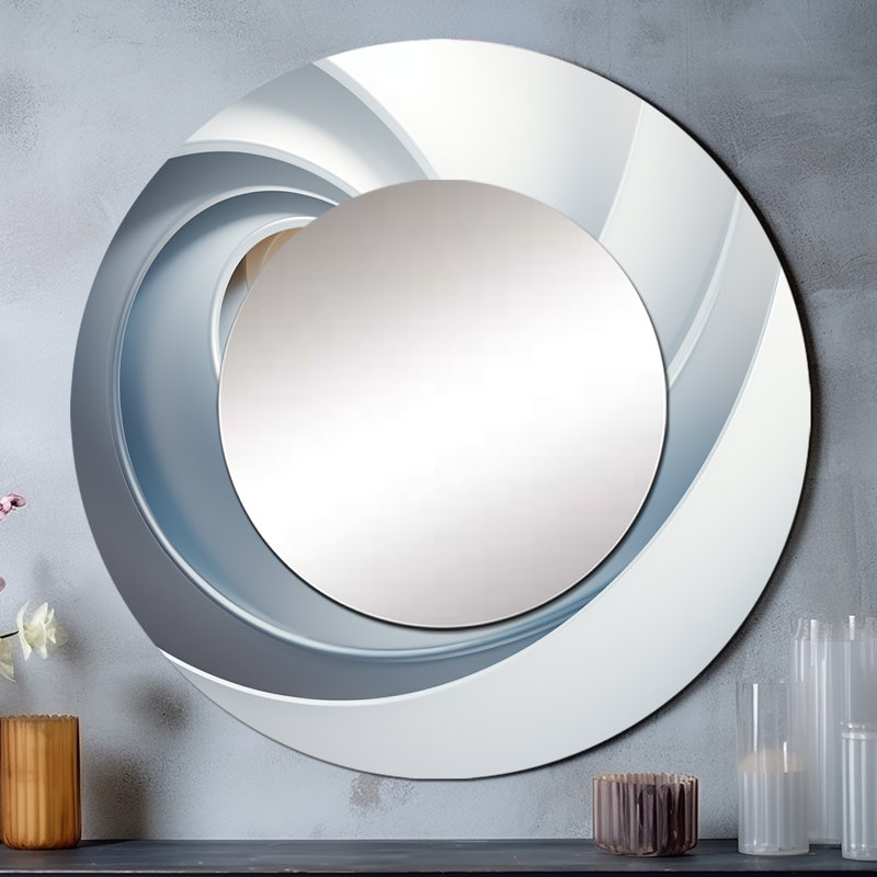 «White Orbiting Overture Spiral», miroir mural à spirales abstraites, miroir décoratif rond blanc, impression d'art en métal