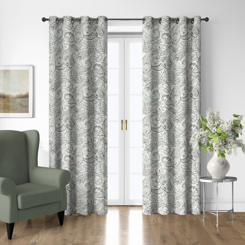 Paisley Seafoam Cotton Grommet Top Drapery Panel Set of 2, 50" W x 144" L