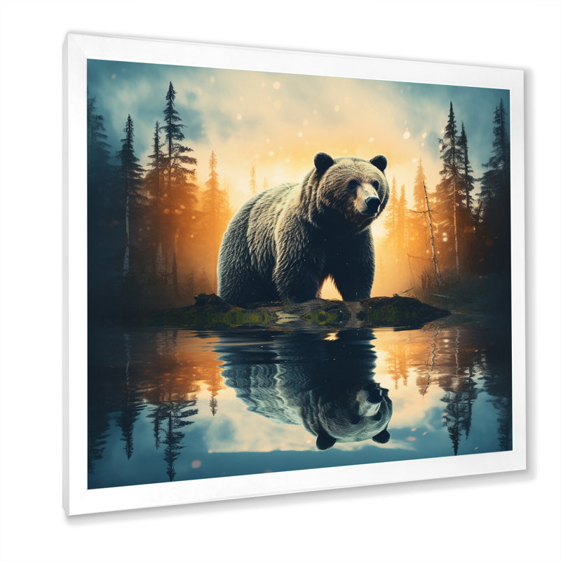 «Double Exposure Bear», art mural grand ours, H 36 po x l 36 po x P 1,5 po, Cadre simple blanc