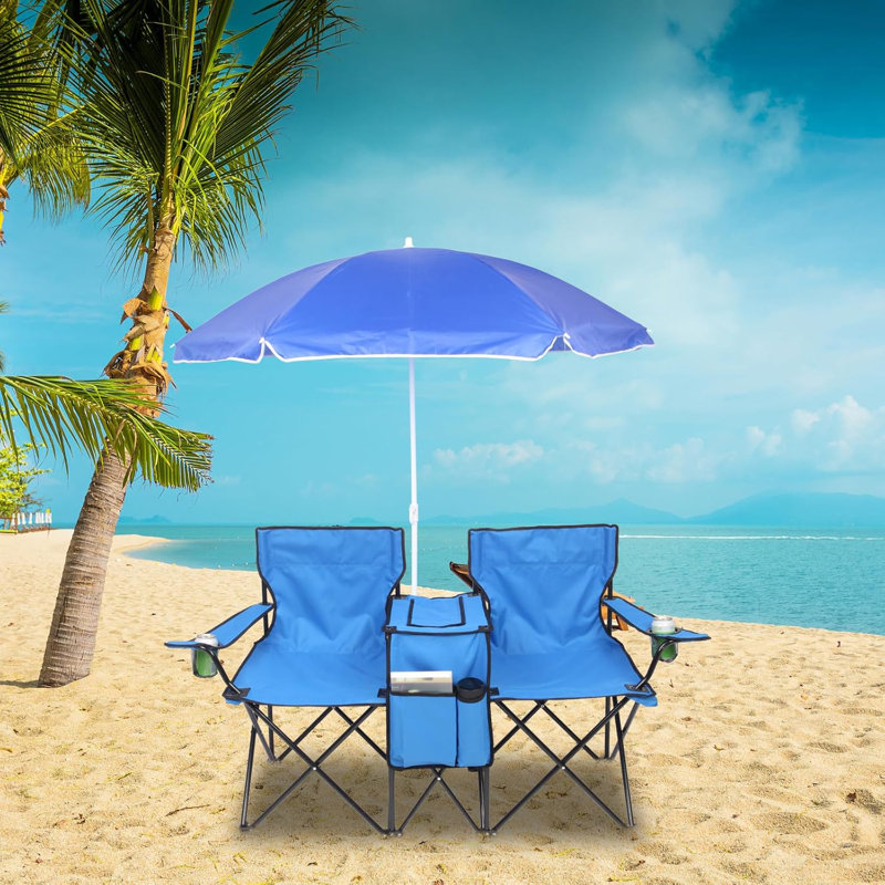 Folding Double Camping Chair W/Umbrella Beverage Holder Carrying Bag Cooler Fold Up Table, Large Bearing Capacity For Beach Patio Pool Park Outdoor Red