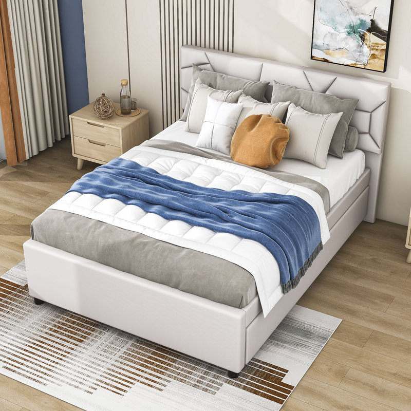Lit plateforme tapissier à deux tiroirs avec tête de lit et lit gigogne à motif brique, Complète, Beige