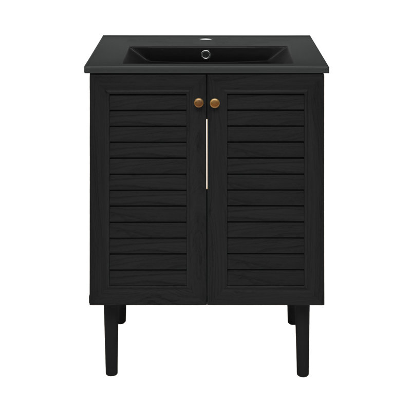 Meuble-lavabo autoportant 24 po en chêne noir avec comptoir noir Bron, Chêne noir, Noir, Trou unique