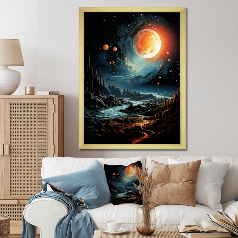 Orange et vert, planète I, espace, art mural, Cadre doré simple, H 44 po x l 34 po x P 1,5 po
