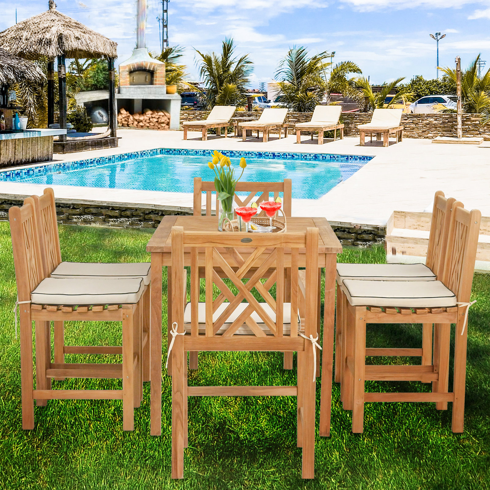 Leahny Teak Patio Dining Set, 55" L x 35.5" W x 43" H
