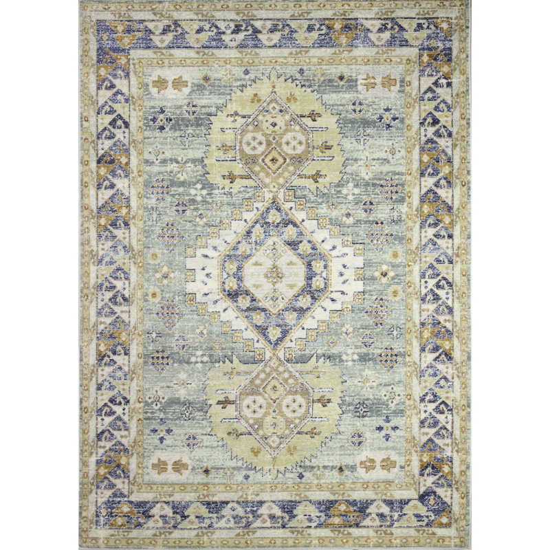 Oriental Light Green/Blue/Beige Area Rug, Rectangle 5' x 7'6"