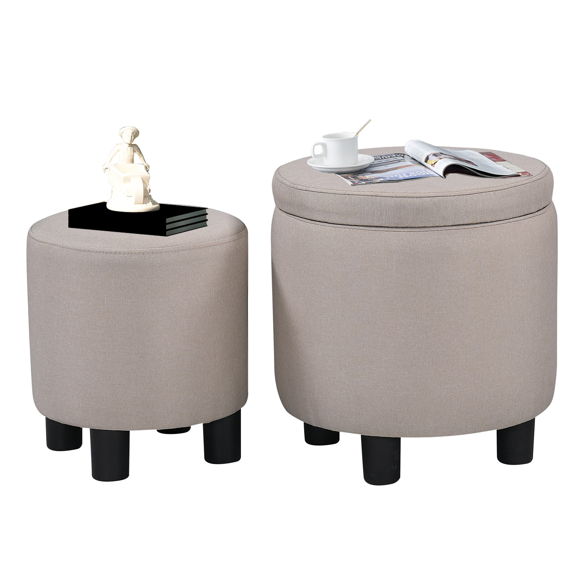 Latitude Run® 1+1 Linen Upholstered Round Ottoman With Storage Space ...