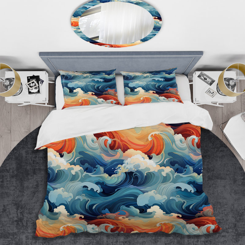 Blue And Orange Swirling Harmony Waves I Abstract Duvet Cover, Twin Duvet Cover + 1 Standard Sham