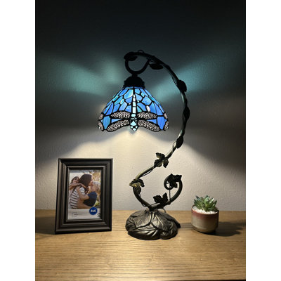 Copemish Tiffany Table Lamp Dragonfly Stained Glass LED Bulb Included Iron Metal Leaves 11"W*8"D*21"H