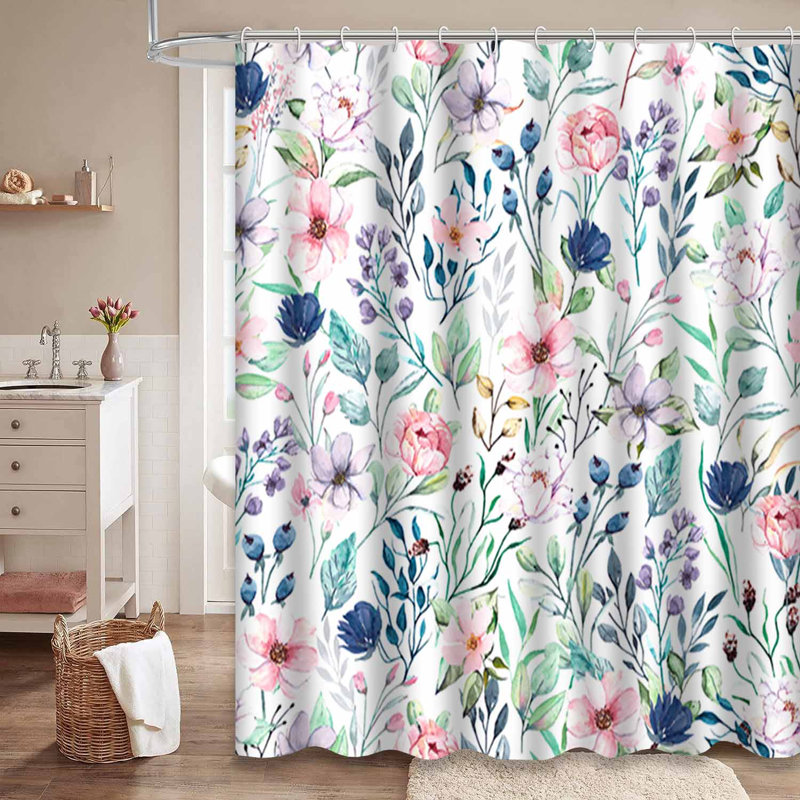 Rideau de douche sans couture à aquarelle florale bleue avec 12 crochets, L 72 po x l 84 po