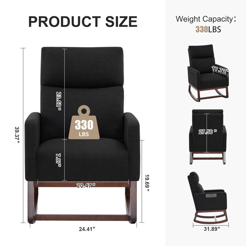 Chaise berçante pour chambre de bébé, fauteuil berçant oscillant en lin avec poches latérales et pieds en bois, fauteuil d'appoint moderne pour petit espace, salon, chambre à coucher, noir