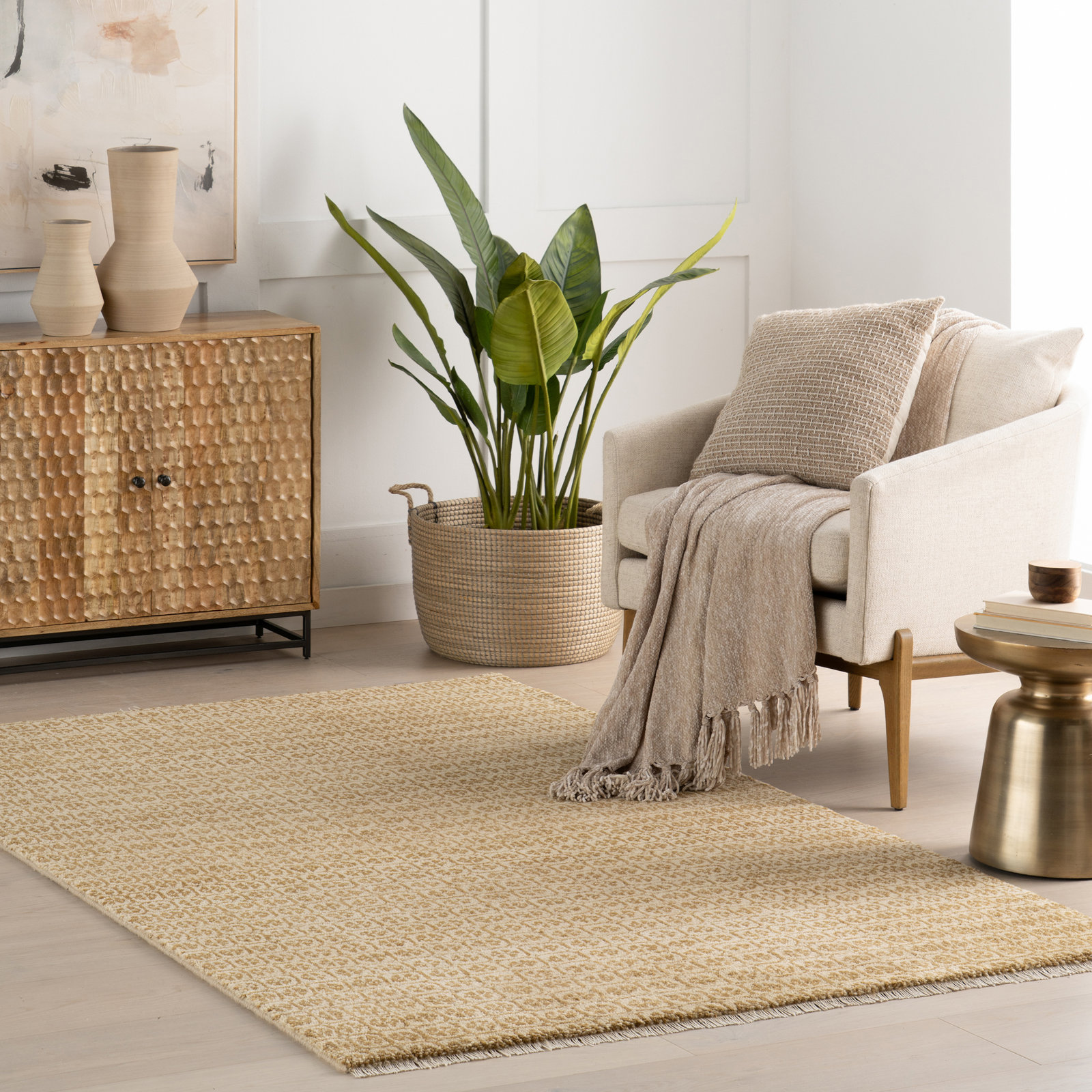 Ochre Hand-Knotted Geometric Wool Rug, Rectangle 9'6" x 13'6"