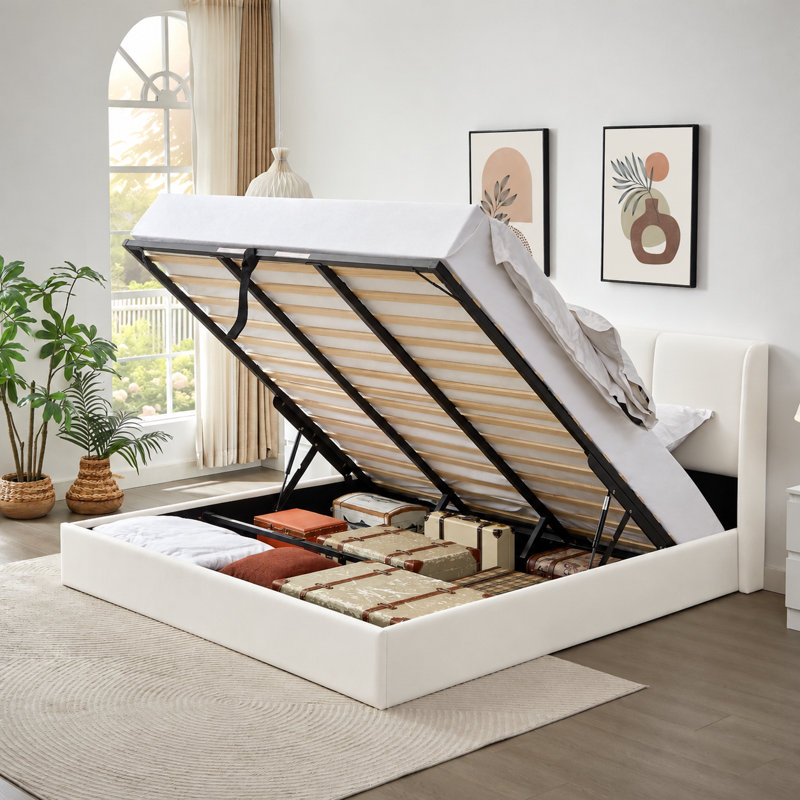 Lit plateforme tapissier Coletti, Très grand lit, Off White Velvet