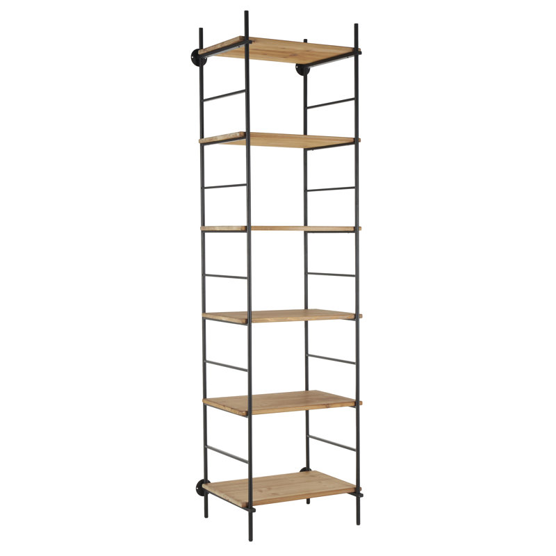 Cole And Grey Wood Rectangular 6 Level Shelving Unit With Black Metal Ladder Frames, 87" H x 24.5" W x 18.5" D
