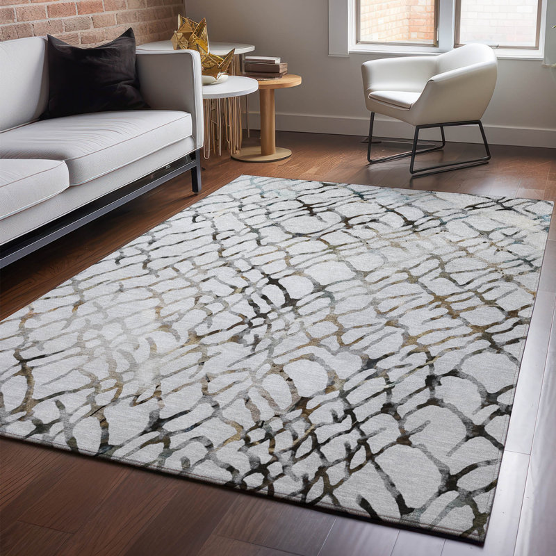 Tapis argenté de qualité supérieure lavable à la machine Cerrito AMF609, Rectangle 10 pi x 14 pi