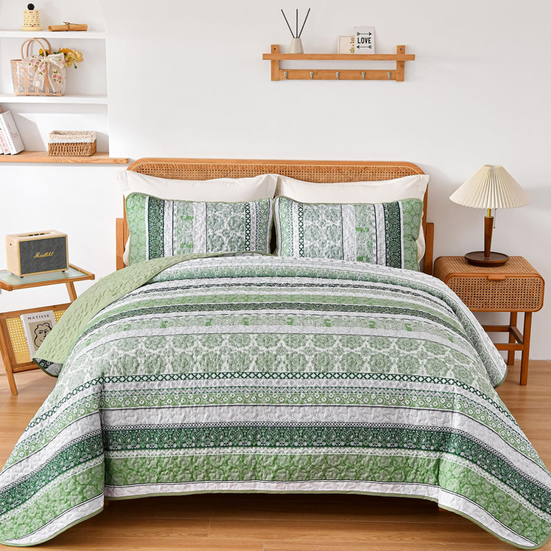 Ensemble de courtepointe 3 pièces Boho, Courtepointe pour lit grand + deux taies décorati, Vert olive