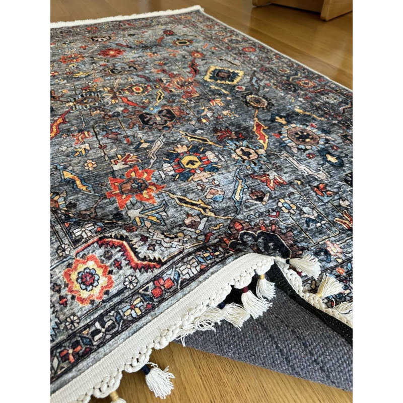 Coton imprimé marocain gris Toscana Tapis chenille antidérapant, Carré 6 pi 7 po