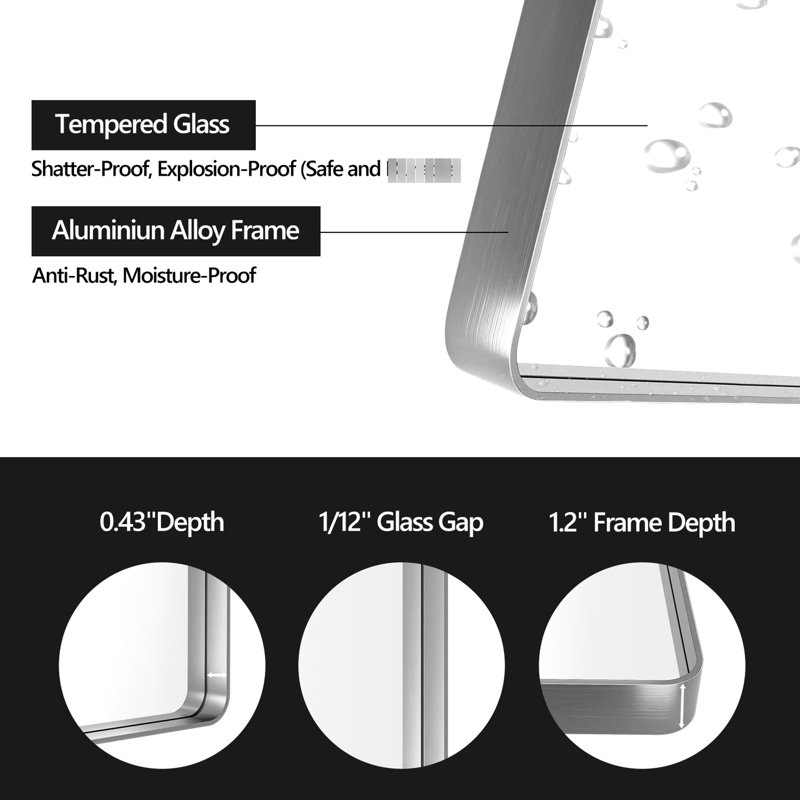 Miroir de salle de bain mural en aluminium brossé 20 po x 30 po, verre flotté HD pour une image vive et non faussée, option d'installation sécuritaire avec cadre