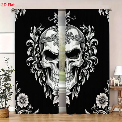 2 Piece Gothic Skull Window Curtains Set Artistic Floral Damask Pattern Drapery Panels for Living Room Bedroom Home Decor Modern Decorative Window Treatments Soft Fabric Bedroom Accessories