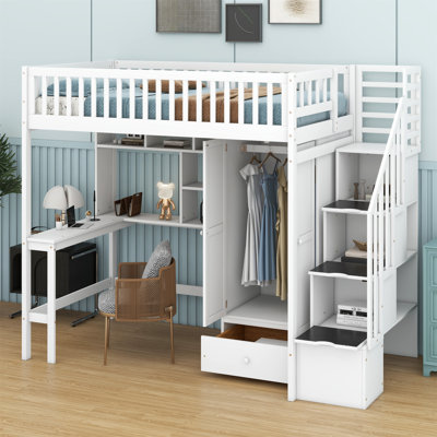 Loft Bed With Bookshelf,Drawers,Desk,And Wardrobe by Harriet Bee