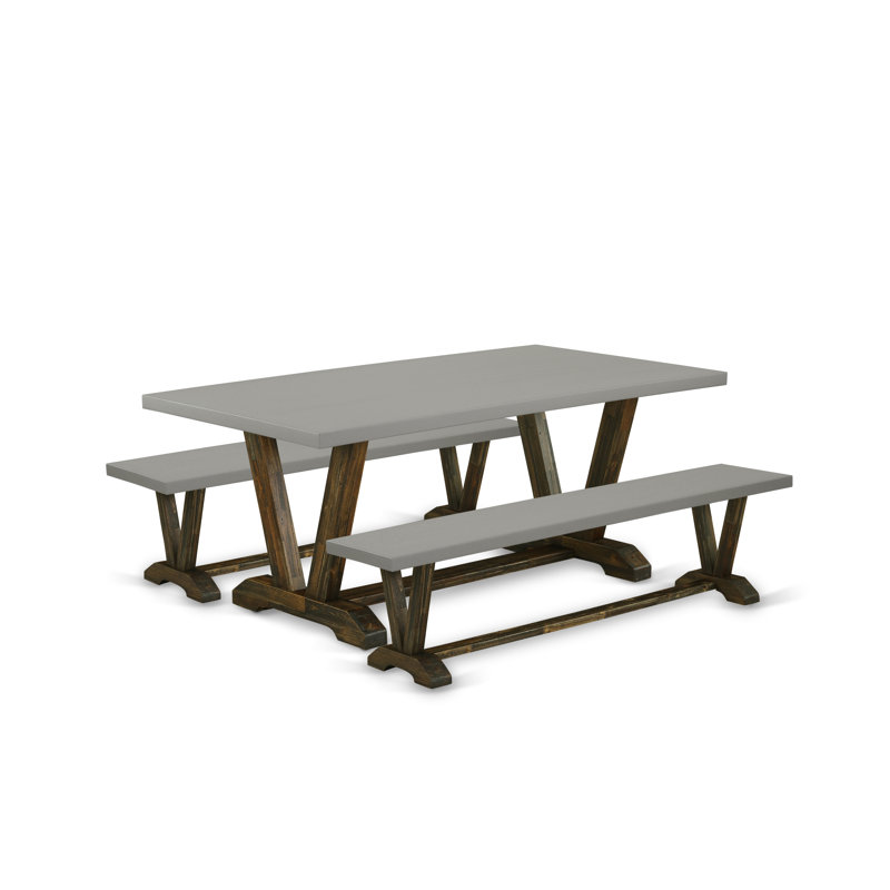 Ensemble de table 3 pièces comprenant une table de salle à manger et 2 bancs de style Mid-Century moderne - plateau de table en ciment et finition jacobine patinée