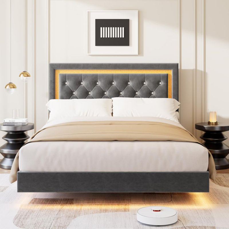 Structure de lit flottante pleine grandeur avec lumières DEL intelligentes, lit plateforme tapissier avec tête de lit Diamond