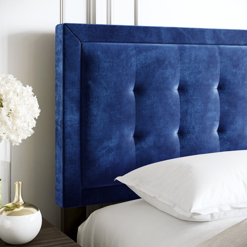 Sapphire Blue Velvet Full Platform Bed with Tufted Headboard