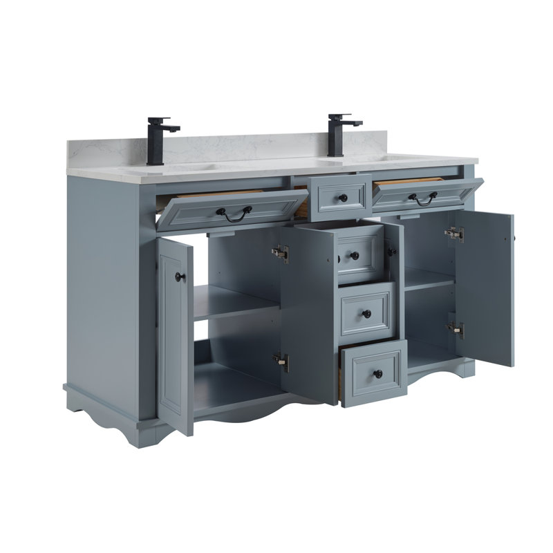 Meuble-lavabo double 60 po en bois massif avec plateau en pierre reconstituée 1 po, Cadet