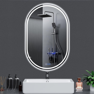 Miroir de salle de bain ovale à DEL 26 po x 38 po - Miroir de courtoisie lumineux sans cadre, rétroéclairage avant et arrière, antibuée, intensité variable, IP65