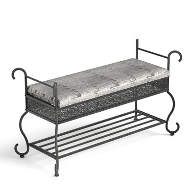 Industrial Entryway Bench With Upholstery, Black And Silver Finish, Metal Seat, Shelf Storage, Comfortable Seating For Small Spaces, 47.48 In Depth, 19.81 Width, 25.83 Height Industrial,
