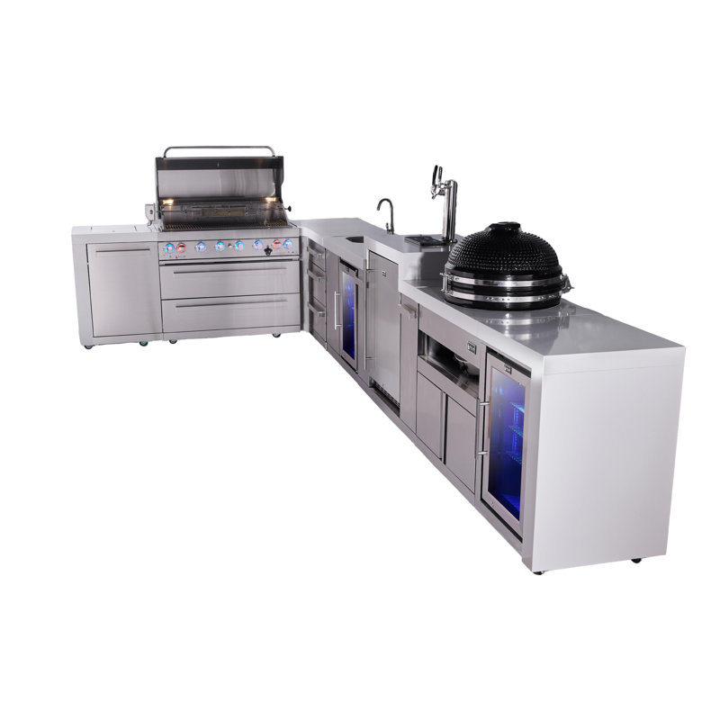 Mont Alpi Premium 6-burner 94"x161" L-shaped 805 Deluxe Stainless Steel Modular Outdoor Kitchen Island Bbq Gas Grill + Beverage Center Refrigerator Faucet & Sink + Kegerator + Kamado + Storage Cabinet