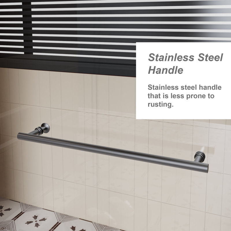 60 In Wide 72 Tall Pivot Shower Door, 1/4 Inch Thick Clear Tempered Glass, Black Aluminum Frame, Corrosion - Silent Closing Magnetic Seal By Stainless Steel Handle, For Closing, Reversible