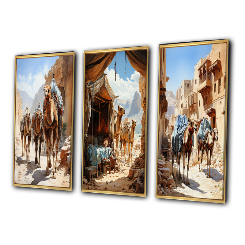 «Asian Art Silk Road», 3 pièces sur toile, Encadrement doré, H 32 po x l 48 po