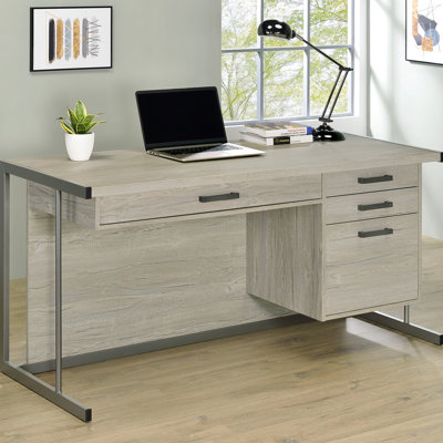 Bureau avec rangement à 3 tiroirs, plateau à clavier réglable, style industriel rustique, gris délavé et gris acier, 30,5 po de hauteur, 60 po de largeur, 23,5 po de profondeur, profondeur du produit, largeur, largeur, autoportant