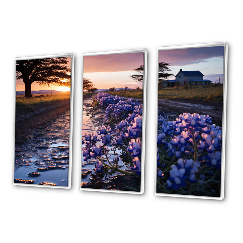 Ensemble de salon mauve à champ mauve avec coucher de soleil - Bonnets bleus, H 28 po x l 36 po x P 1 po