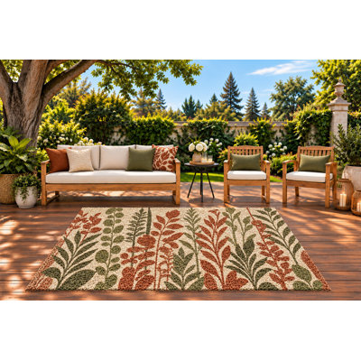 Tapis d'extérieur 5 pi x 7 pi, motif de feuilles botaniques en terre cuite et feuilles vertes, tapis à boucle en PVC imperméable, tapis à séchage rapide pour porche