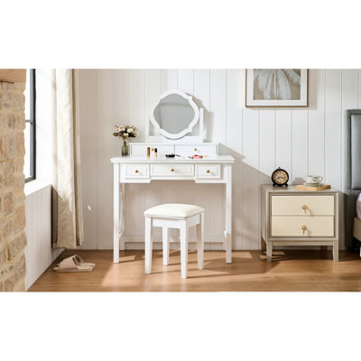 Space - Saving White Dressing Table With Four Leaf Reversible Mirror, Golden Handles, 5 Drawers For Cosmetics, Comfortable Seating Round Of Various Sizes, Stool