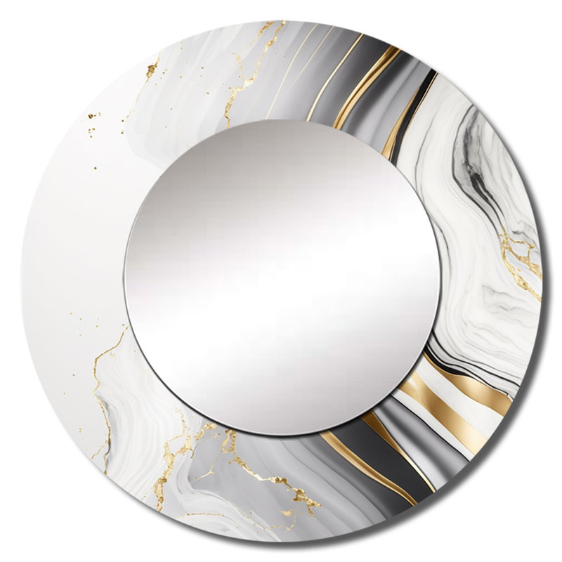Povilas abstrait Geode Marble Waves Gray III - miroir décoratif abstrait, miroir mural rond gris, impression sur métal