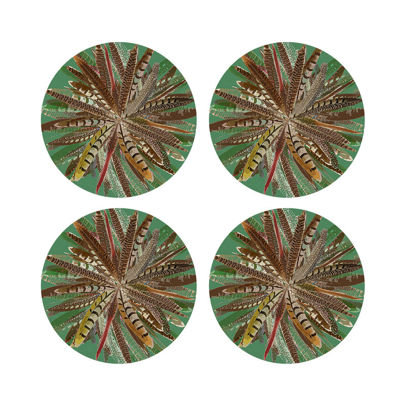 Pheasant Feathers Vegan Leather Round Pebble Placemat, Green