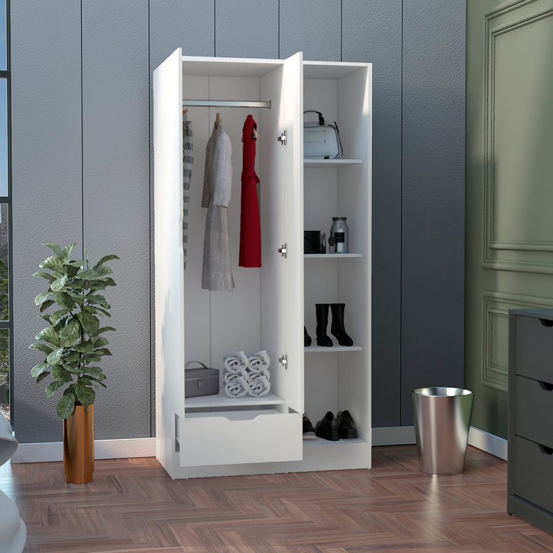 Armoire-penderie Memphis avec 4 tablettes de rangement et 1 tiroir, Blanc