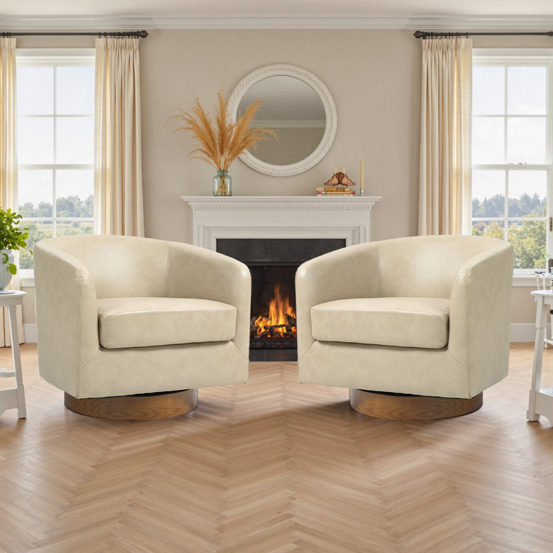 72Cm Wide Swivel Barrel Chair, Cream Faux Leather/Dark Brown Wood