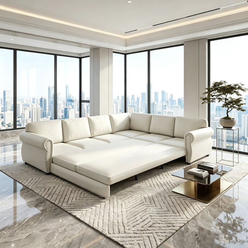 Convertible L-Shaped Sectional Sofa Bed, 6-Seater Oversized Sleeper Couch with Pull Out Bed, Modern Chenille Sectional with Rivet Trim & 7 Cushions