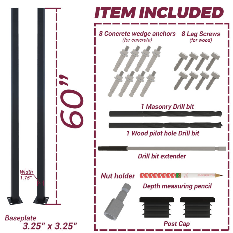 Handrail Post, Wrought Iron Black Metal Railing Post with Bracket for Deck, Balcony & Porch Railing, 5 ft. H x 0.1 ft.W